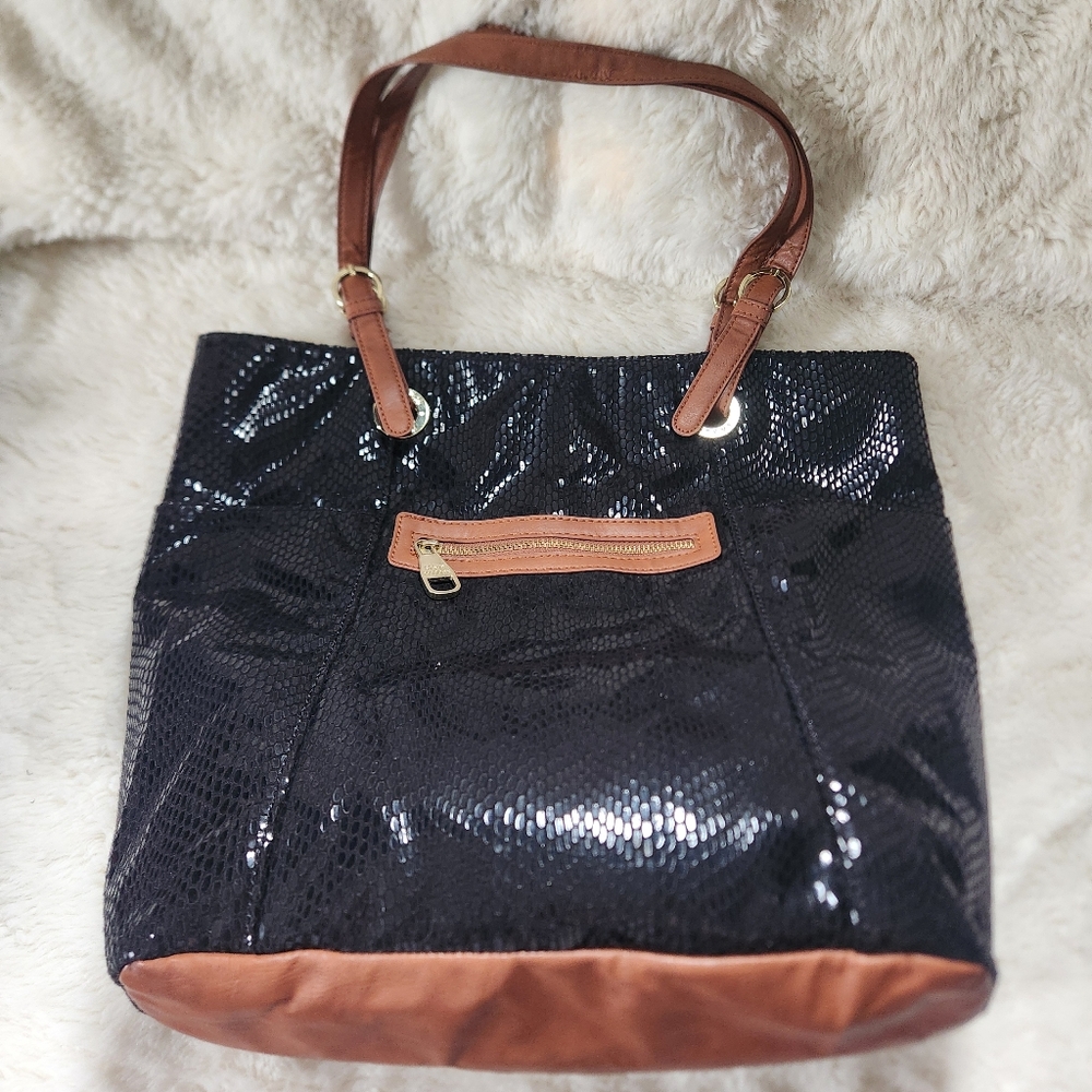 Steve Madden Black Snakeskin Tote Bag Tan Faux Leather Leopard Print Carryall OS